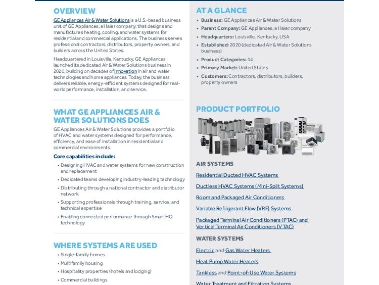 GE Appliances Air _ Water Solutions Fact Sheet GE Appliances Air _ Water Solutions Fact Sheet