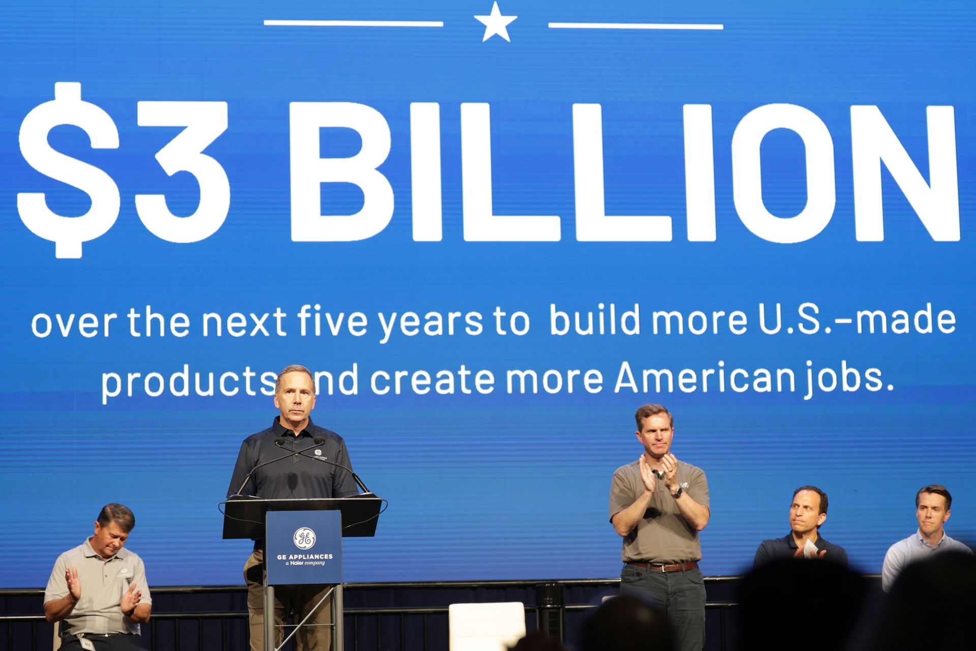 Kevin Nolan, President and CEO of GE Appliances, makes remarks onstage August 13, 2025, at Appliance Park in Louisville, Kentucky, during a historic investment announcement for the company. (Photo by Michael Hickey/Getty Images for GE Appliances, a Haier company)