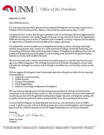 President's letter to UNM Community