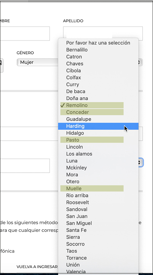 County dropdown options