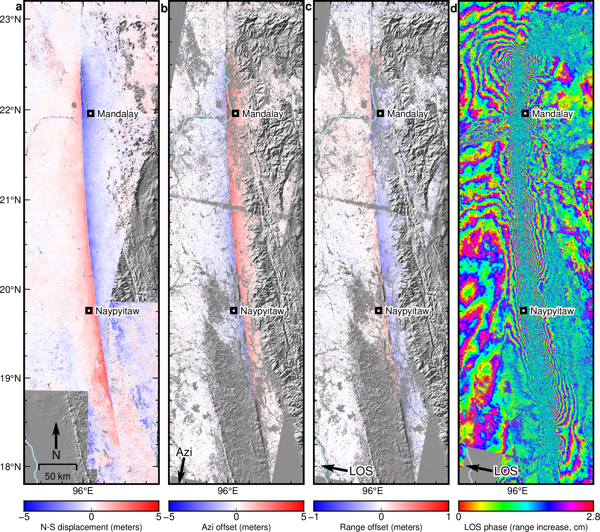 Satellite-based ground deformation data used in the study: (a) Sentinel-2 optical image correlation, showing the North-South component of motion, (b) Sentinel-1 SAR image azimuth (Azi.) offsets along the descending satellite orbit direction, (c) SAR image range offsets from the same tracks, and (d) combined interferograms. Black arrows indicate the direction of positive ground motion in each image (red colors, or increasing phase). Fig2_datasets