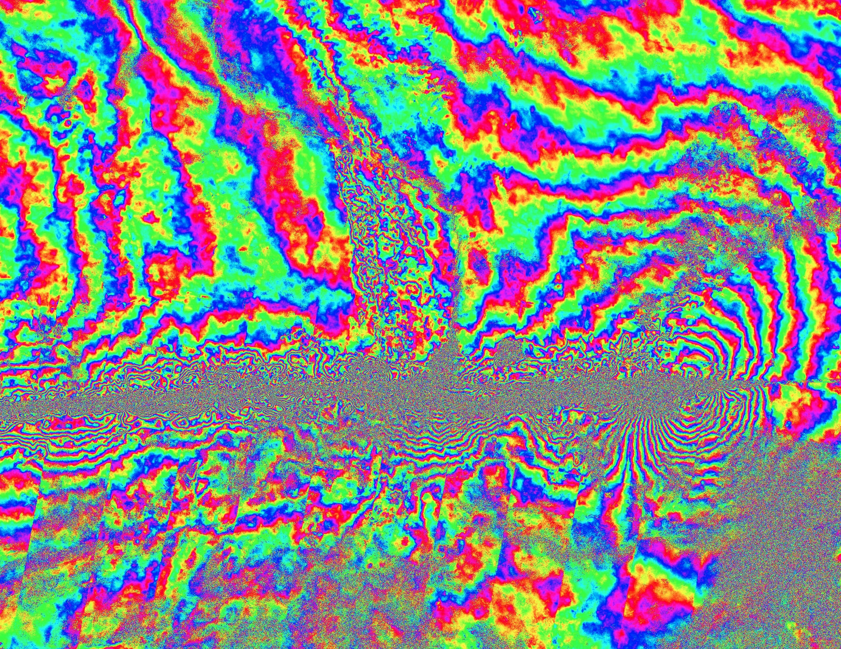 Sentinel-1 radar interferogram showing ground deformation associated with the northern half of the March 28, 2025 Mw 7.8 Mandalay, Myanmar earthquake. Each color cycle (blue-yellow-red) represents an additional relative difference of 2.8 cm of displacement along the radar line of sight. North is to the right; the fault slipped right-laterally by 3-5 meters along a ~500 km rupture, one of the longest strike-slip earthquakes ever recorded Horizontal image scale is 350 km. Contains modified Copernicus Sentinel Data from the European Space Agency. insar_cropped