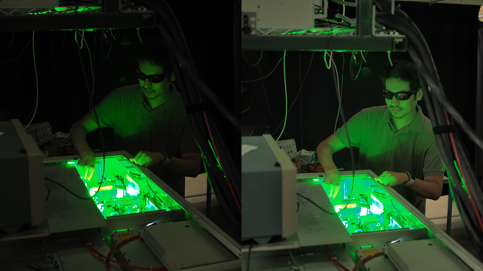A quantum photonics student in the lab.