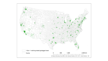 Figure 1: The distribution of redlining-related geotagged tweets in the contiguous U.S. counties from March 1, 2011-March 31, 2023.
