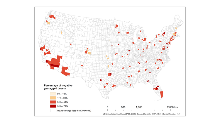 Figure 2: Percentage of redlining-related geotagged tweets with negative sentiment in contiguous U.S. counties with 20 or more redlining-related geotagged tweets from March 1, 2011, to March 31, 2023.