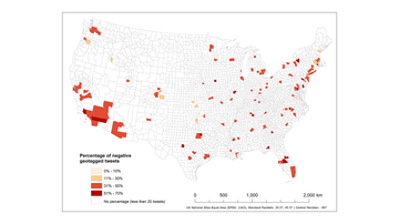 Figure 2: Percentage of redlining-related geotagged tweets with negative sentiment in contiguous U.S. counties with 20 or more redlining-related geotagged tweets from March 1, 2011, to March 31, 2023.