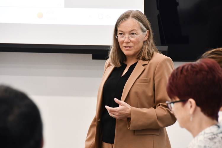 Professor Meeko Oishi presents at an NSF site visit at Purdue University, last summer.