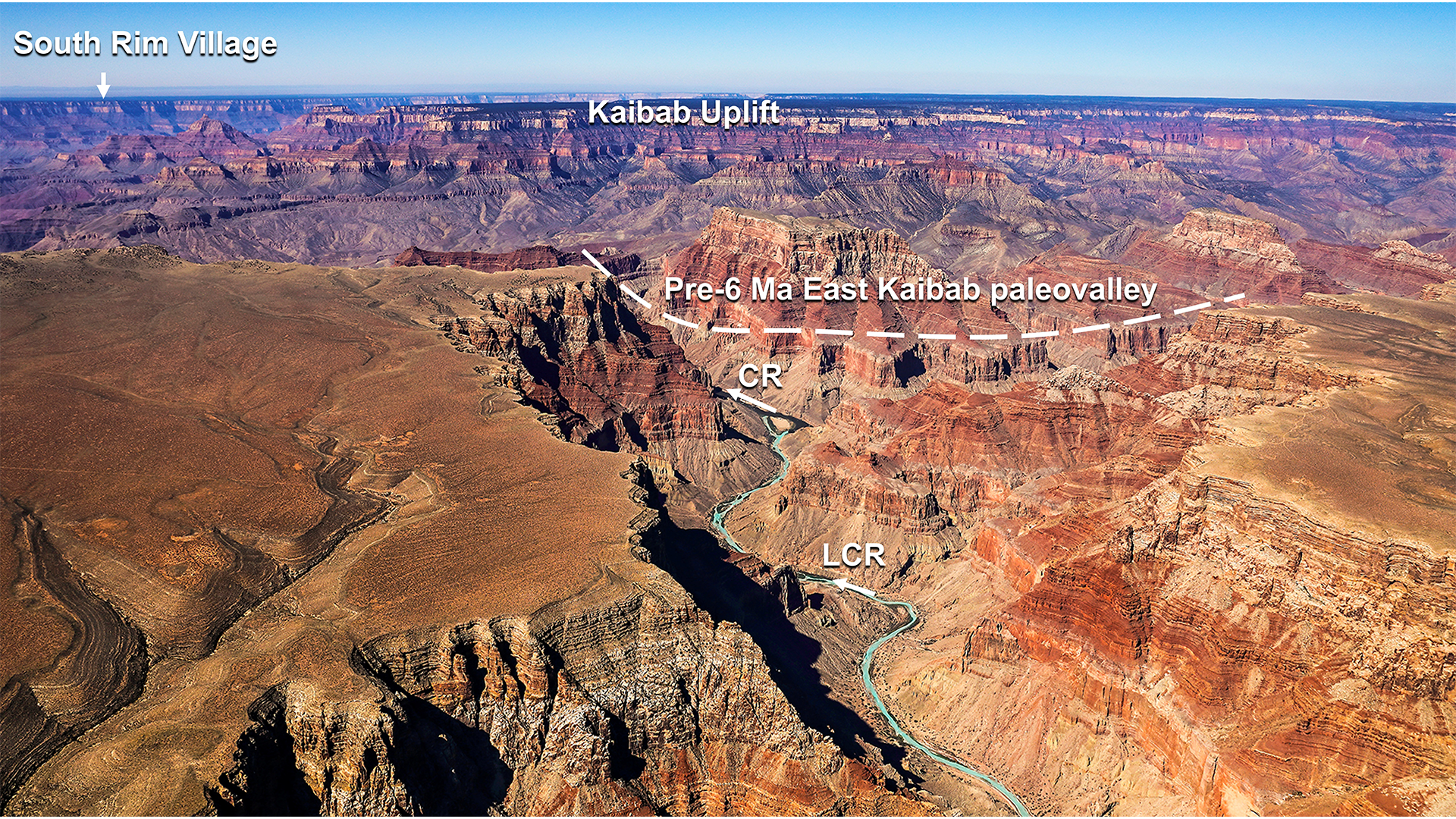 The arrival of the proto- Colorado River to near the Gulf of California 4.8 million years ago was also heralded by the appearance of 60-40 Ma detrital sanidine grains in far-traveled Colorado River sand deposits of the Bouse Formation; Ma= million years; photo by Laura Crossey. The confluence of the modern Colorado River (CR) and the Little Colorado River (LCR) in Grand Canyon, looking west.