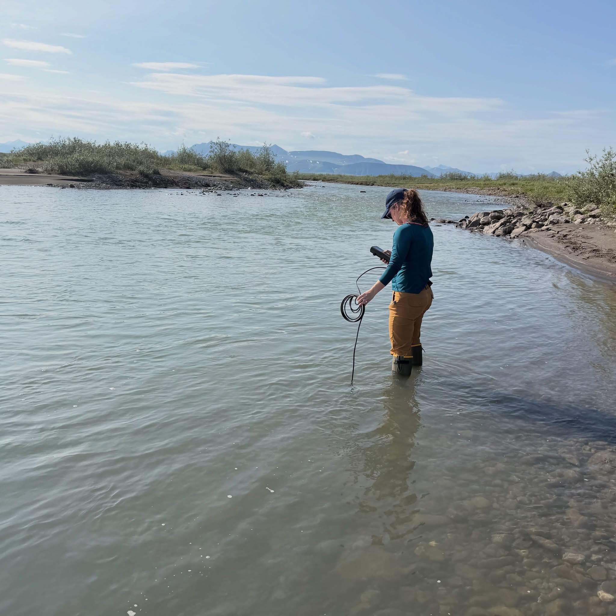 M.S. student Miranda Noonan measuring the pH and conductivity of river water. IMG_7524