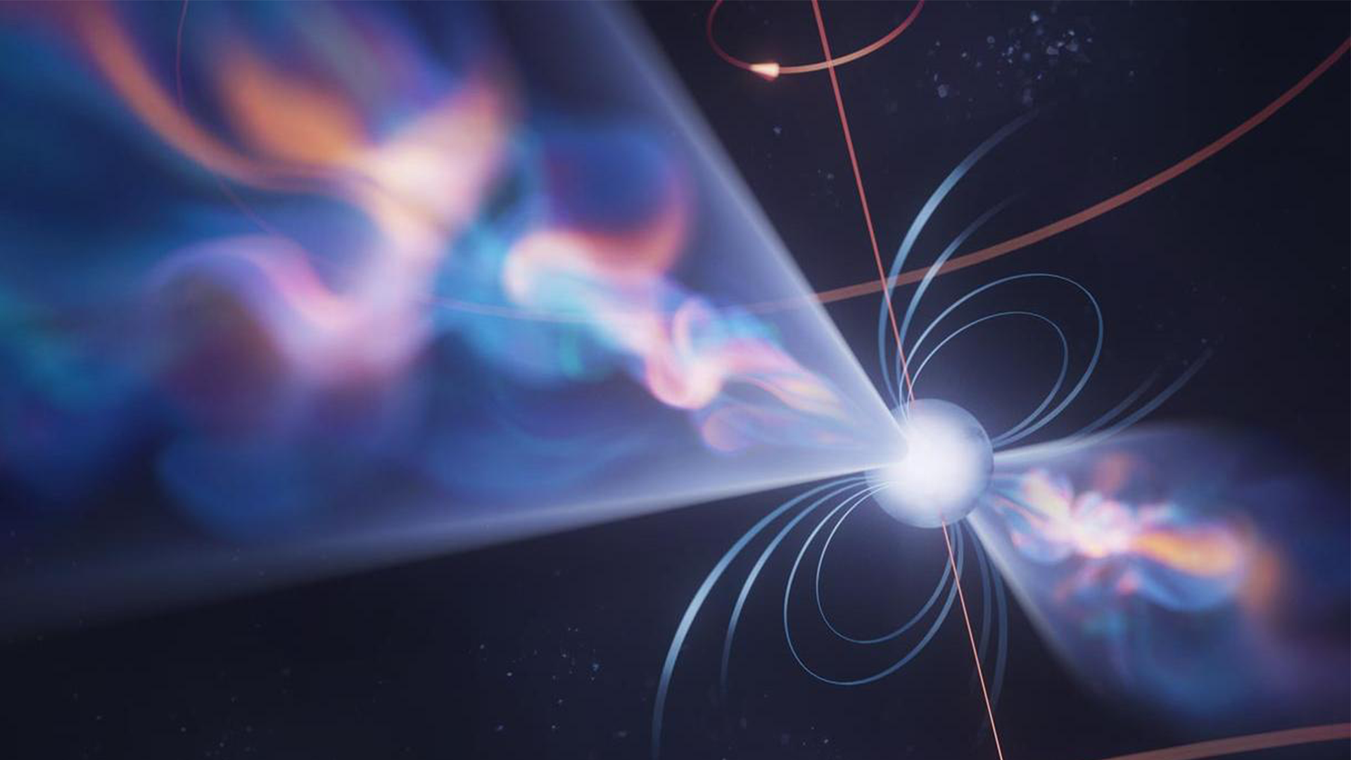 Energetic particles are accelerated along a pulsar's open magnetic field lines, producing radio emission. As the pulsar rotates, our radio telescopes detect this beamed emission as precisely periodic radio pulses. Illustration: Olena Shmahalo Untitled-1