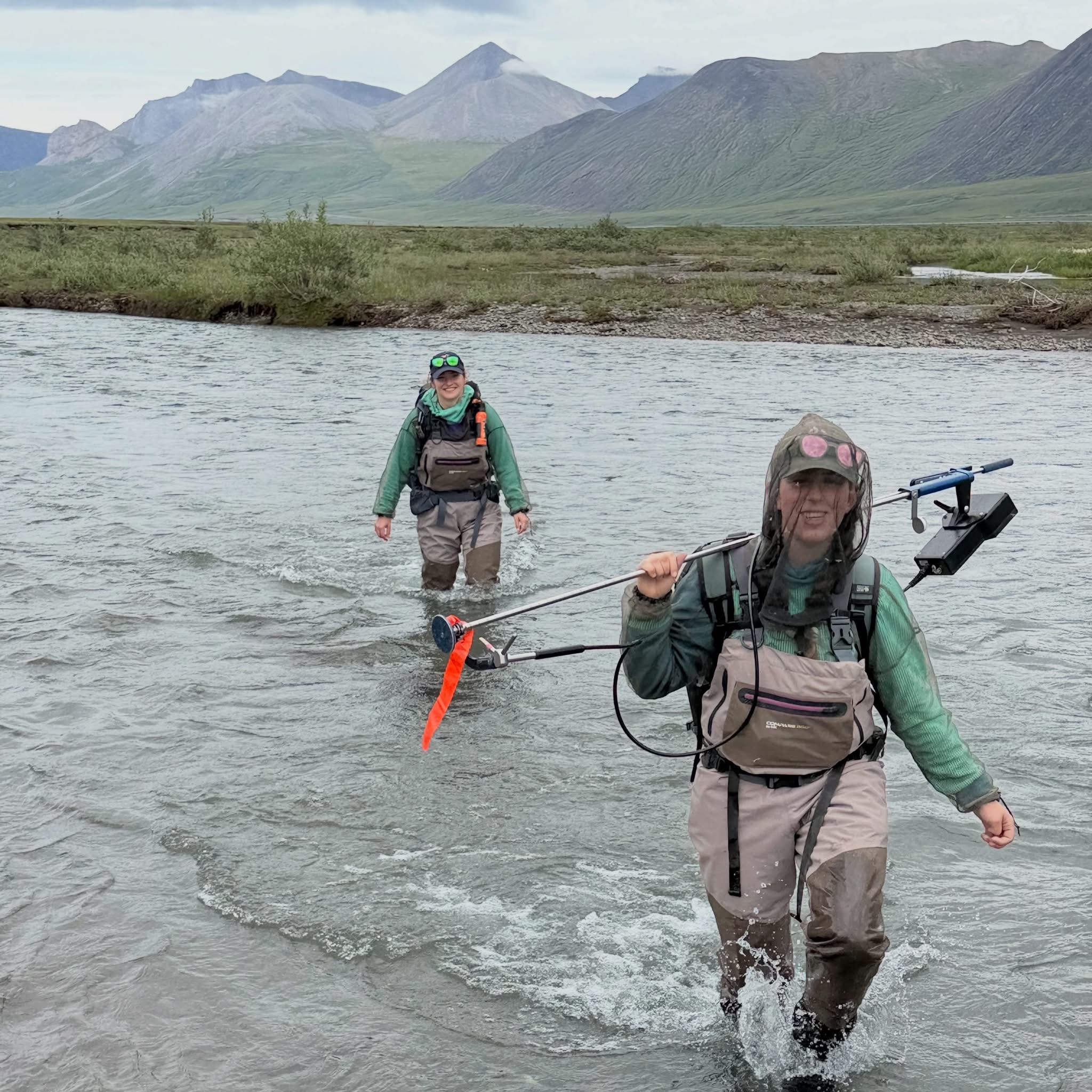 Misha Toor (front right) carrying a SonTek FlowTracker water discharge instrument and Miranda Noonan (back left) as they cross the Atigun River. IMG_7519