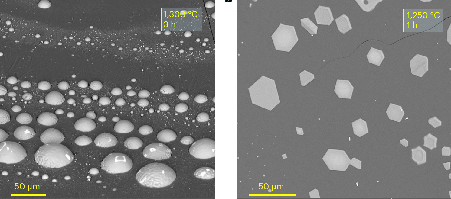 Results from the experiment. Left showcases the molten iron in silicate melt. Right shows the solid iron crystals in silicate melt. image 1