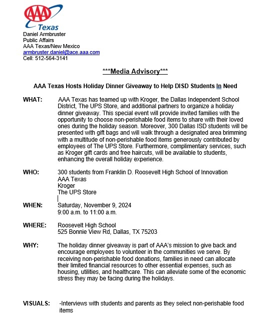 disd holiday dinner media advisory