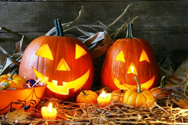halloween lit pumpkins and candy