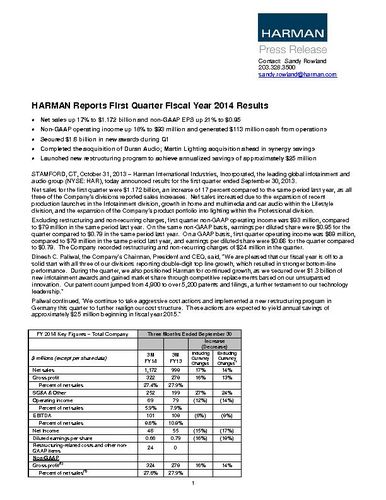 HARMAN Reports First Quarter Fiscal Year 2014 Results