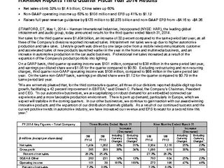 HARMAN Reports Third Quarter Fiscal Year 2014 Results