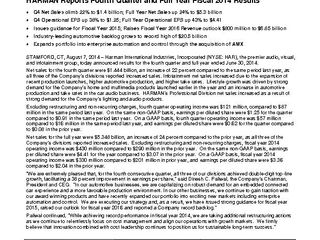 HARMAN Reports Fourth Quarter and Full Year Fiscal 2014 Results - Full Release