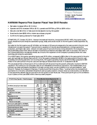 HARMAN Reports First Quarter Fiscal Year 2015 Results - Full Release