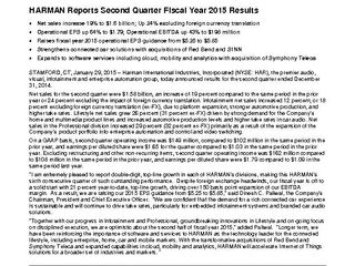 HARMAN Reports Second Quarter Fiscal Year 2015 Results (Full Release)