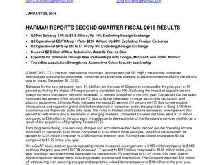 HARMAN reports Second Quarter Fiscal 2016 Results (Full Release)