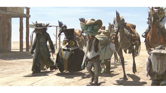 Left to right: Elgin (John Cothran), Ambrose (Ian Abercrombie), Rango (Johnny
Depp), Buford (Blake Clark), Waffles (on horse, James Ward Byrkit), and Spoons
(Alex Manugian) in RANGO, from Paramount Pictures and Nickelodeon Movies.
Photo credit: Courtes...