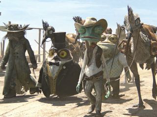 Left to right: Elgin (John Cothran), Ambrose (Ian Abercrombie), Rango (Johnny
Depp), Buford (Blake Clark), Waffles (on horse, James Ward Byrkit), and Spoons
(Alex Manugian) in RANGO, from Paramount Pictures and Nickelodeon Movies.
Photo credit: Courtes...