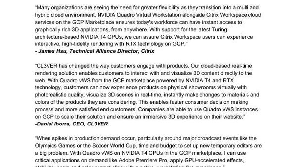 Industry Support for Quadro vWS on Google Cloud Platform