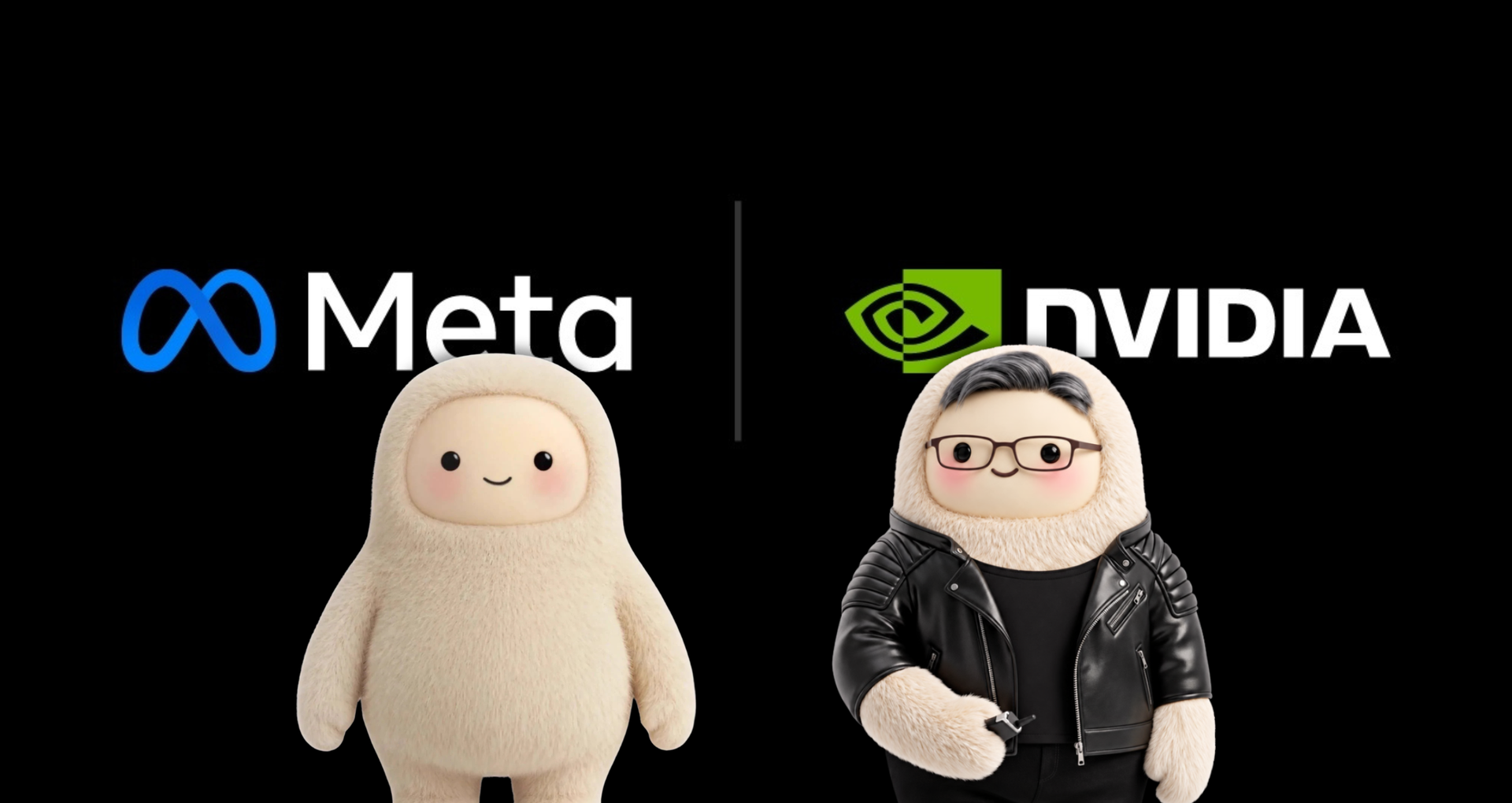 The Meta and Nvidia logos side by side on black, each above a cartoon fluffy figure, one of them in glasses and a leather jacket