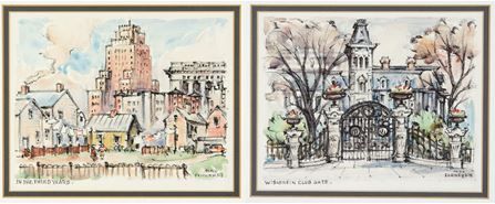 Two of the Max Fernekes’ paintings donated by Associated Bank:  In the Third Ward (left) and Wisconsin Club Gate (right).