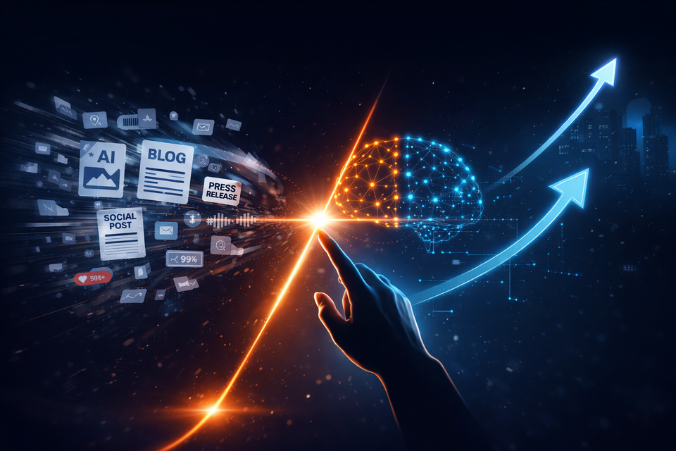 A hand reaches out to touch a glowing point connecting a collection of digital content icons on the left with a digital brain made of nodes and connections on the right, with arrows extending upwards.