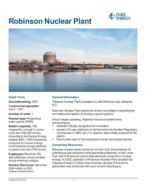 Robinson Nuclear Plant Fact Sheet