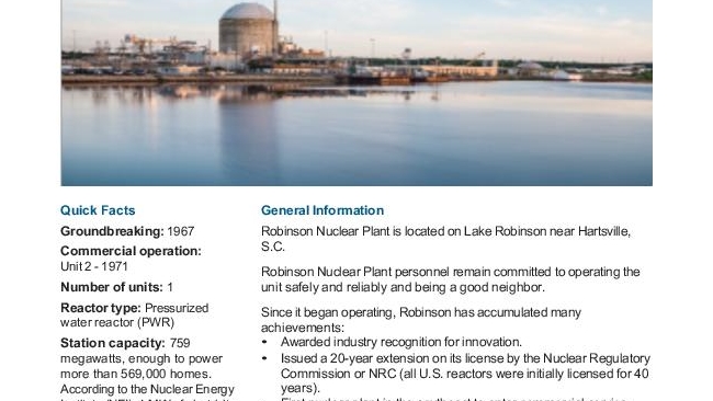 Robinson Nuclear Plant Fact Sheet