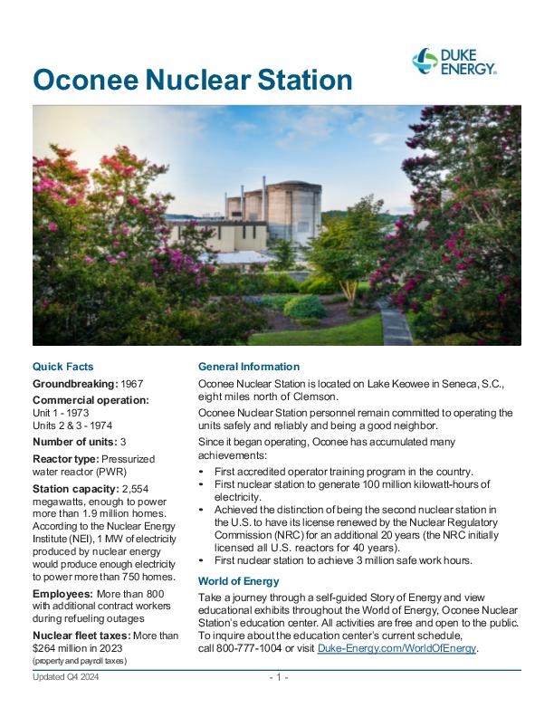 Oconee Nuclear Station Fact Sheet