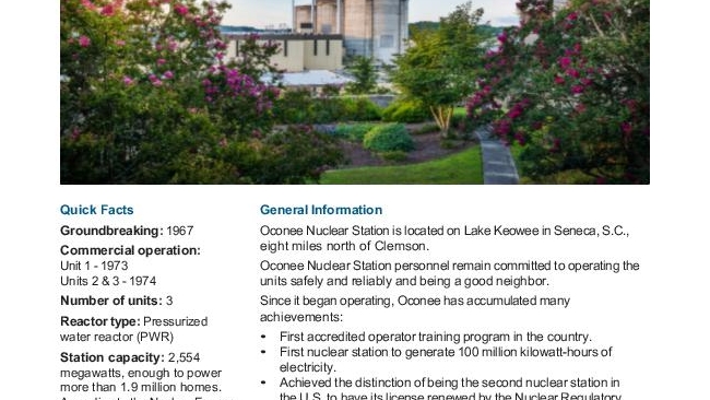 Oconee Nuclear Station Fact Sheet