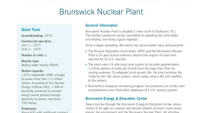 Brunswick Nuclear Plant Fact Sheet