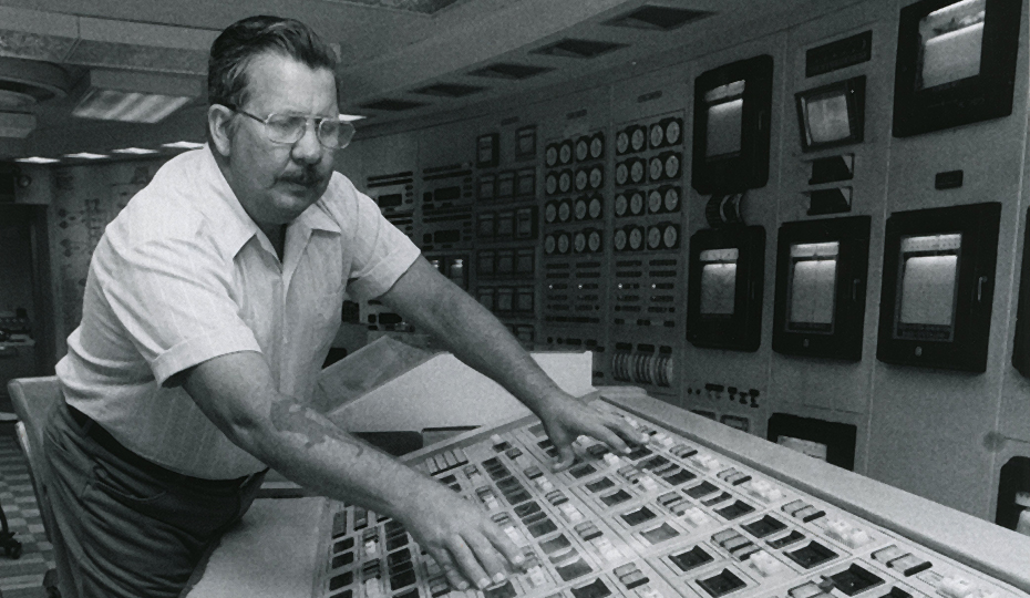 Man at controls BW 0516