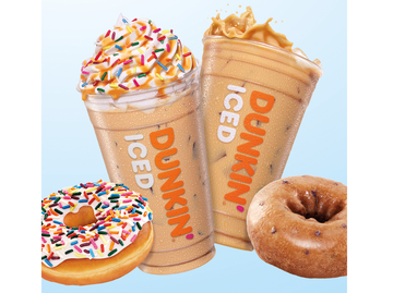Dunkin' Vanilla Frosted Donut Iced Signature Latte _ Blueberry Donut Iced Coffee