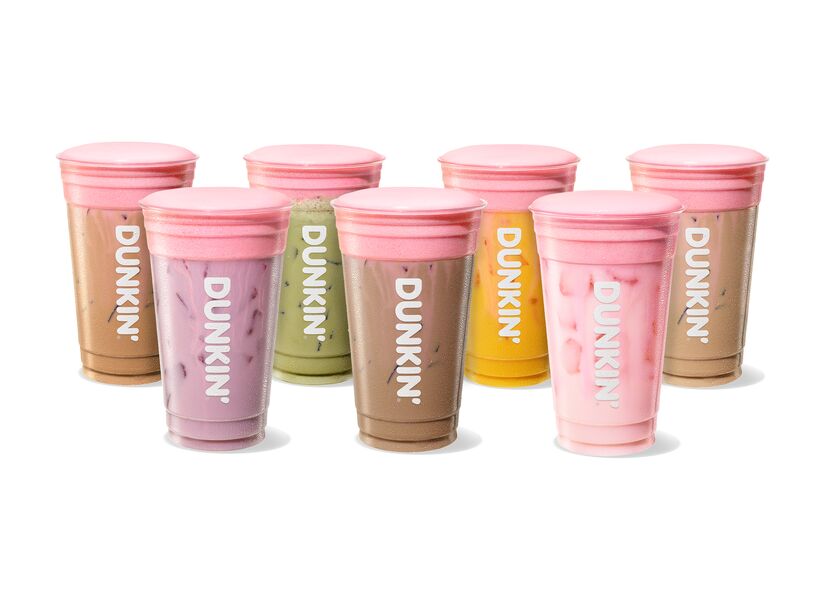 Dunkin beverages featuring Barbie Pink Strawberry Cold Foam