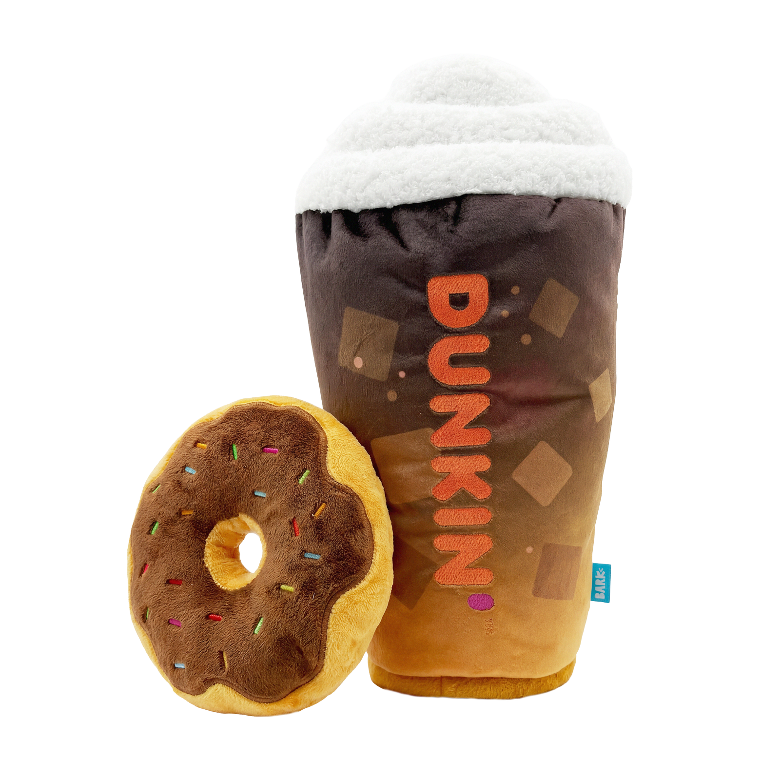 Dunkin' Iced Signature Latte and Chocolate Frosted Sprinkles Donut Dog Toy