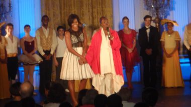 Judith Jamison and Michelle Obama onstage during the final performance tribute to Judith Jamison