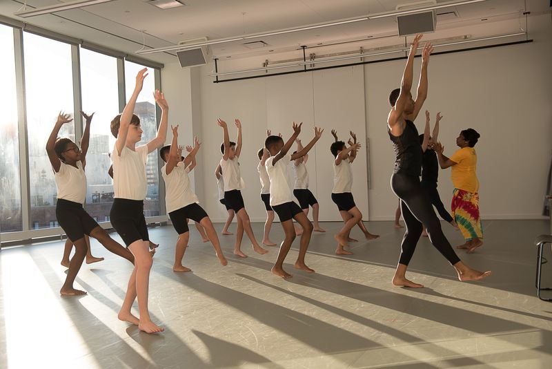 The Ailey School's Ailey Athletic Boys in West African Class during the Opening of The Elaine Wynn & Family Education Wing