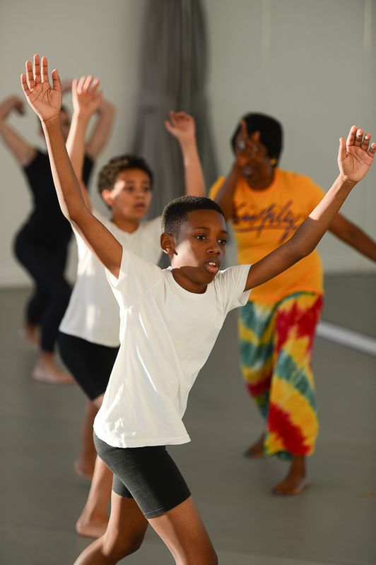The Ailey School's Ailey Athletic Boys in West African Class during the Opening of The Elaine Wynn & Family Education Wing