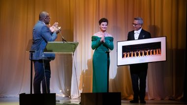 Artistic Director Robert Battle and Company Manager Gregory Stuart presenting Honoree Denise Littlefield Sobel's gift at Ailey's 2022 Opening Night Gala