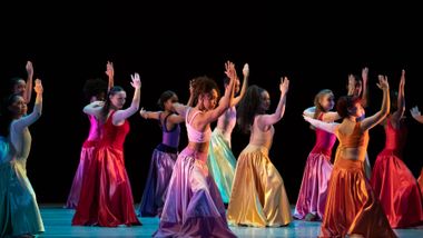 AAADT's Constance Stamatiou with students of The Ailey School in Mauro Bigonzetti's Festa Barocca Ailey's 2022 Opening Night Gala
