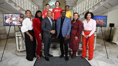 Francesca Harper, Mayor Adams, Robert Battle and Laurie Cumbo with Ailey II dancers in City Hall for the announcement of the AileyMovesNYC! photography installation