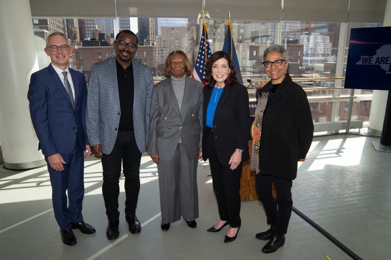 Bennett Rink, Robert Battle, Hazel Dukes, Governor Hochul and Melanie Person at The Ailey Studios for I Love NY Black Travel Initiative announcement