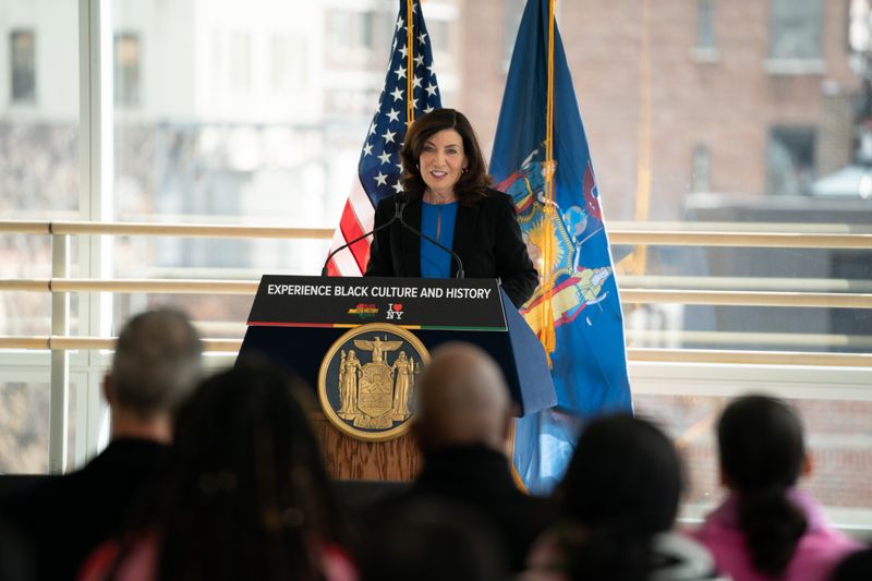 New York Governor Kathy Hochu announces the I Love NY Black Travel initiative at The Ailey Studios