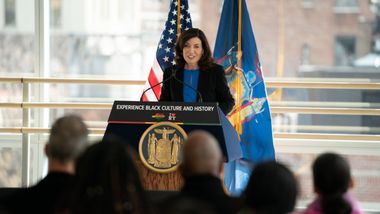 New York Governor Kathy Hochu announces the I Love NY Black Travel initiative at The Ailey Studios