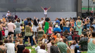 Ailey Extension's Katherine Jimenez leading NY Style Mambo in Bryant Park Ailey Moves NYC 2022. Photo by Rob DeMartin