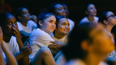 AileyCamp Newark participants watching a reflections video during the 2023 final performance